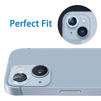 for iPhone 14 & iPhone 14 Plus Camera Lens Protector, Bling Glitter Diamond Lens Cover 9H Tempered Glass Camera Cover Anti Scratch Lens Protector Individual Lens Ring - 2PCS Glitter Blue - color: Blue Glitter