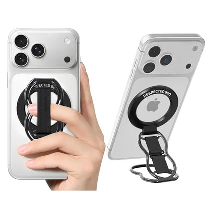 RESPECTED-BRO-Magnetic-Phone-Grip-Stand-with-Finger-Strap, 4-in-1 Magnetic Ring Holder, Kickstand and Elastic Strap for Phones, Universal Fit for iPhone 17/16/15/14/13/12, Android, and Cases (Black) - color: Black