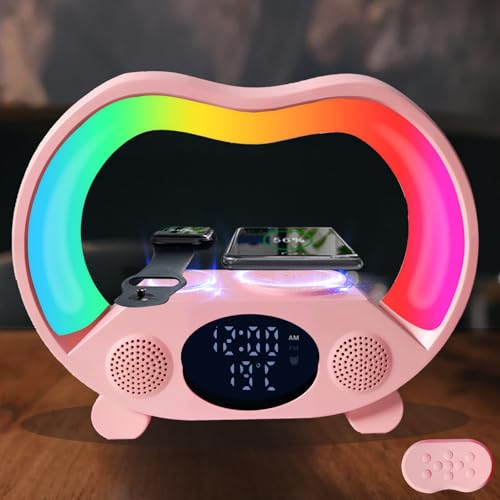 6-in-1 Wireless Charging Station with Bluetooth Speaker, RGB Ambient Light, Smart Display Clock & Thermometer, and Remote Control for Remote Operation of All Functions, ZS932 Pink. - color: Multifunctional Alarm Clock Zs932 Pink