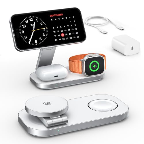3-in-1 Charging Station for Apple Device, Qi2 25W Certified Magnetic Wireless Fast Charger Stand Compatible with MagSafe for iPhone 18/17/16/15/14/13/12/Air/Duo Series, Apple Watch & AirPods - color: White+Silver