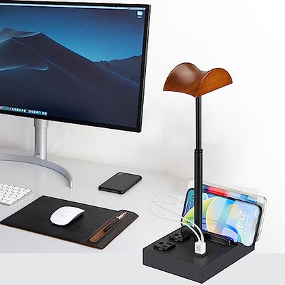 CASTLELIFE Headphone Stand Desktop Gaming Headset Holder with 2 AC Outlets and USB C&A Ports, Charging Station&Phone Stands, Wood Earphone Table Game Accessories for Desktop Gamer, Black