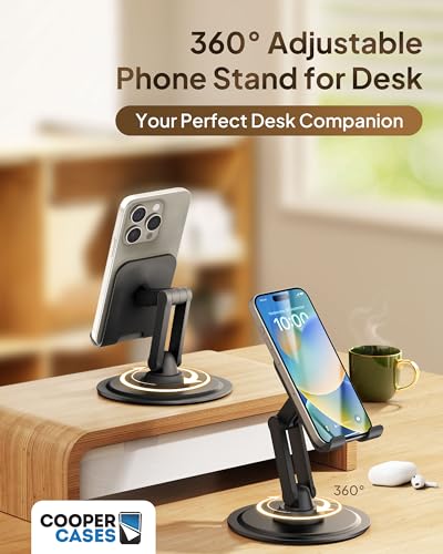COOPER 360° Stand, Rotating Cell Phone Stand for Desk | Sturdy Metal Base, Foldable, Portable | Cell Phone Holder for Desk (Piano Black) - color: 1 Pack - Piano Black