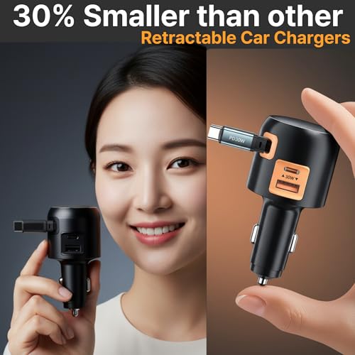 60W Retractable Car Charger, 3-Port USB-C Fast Charging Adapter - color: Black