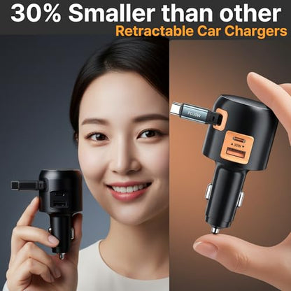 60W Retractable Car Charger, 3-Port USB-C Fast Charging Adapter - color: Black