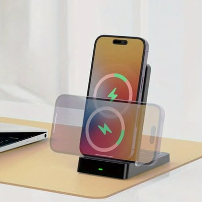 2 in 1 Dual Coil Magnetic Wireless Charger Stand Foldable Desktop Fast Charging Station for iPhone 17 16 15 14 13 12 for Airpods (White)