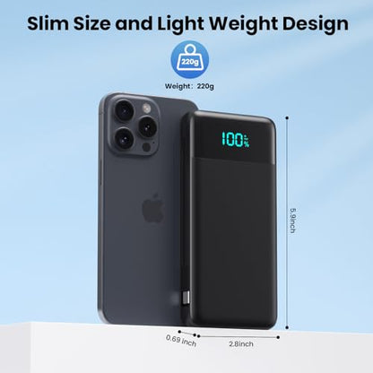 Portable Charger for iPhone with Built-in Cables and Wall Plug,Upgraded 13800mAh Fast Charging USB C Power Bank,4 Outputs Slim Travel Essential Battery Pack for iPhone 17/16/15/14/13,Galaxy,Android - color: Black