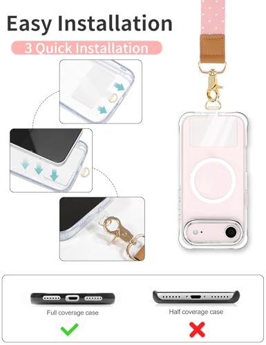 Phone Lanyard Crossbody Strap, Adjustable Neck Strap and Wristlet Strap for Phone Wallet ID Badge with 2 Phone Tabs - color: Pink White Dots