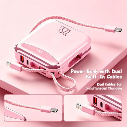 10000mAh Portable Charger with Built-in USB-C & Light-ning Cables, 22.5W Fast Charging Power Bank, Travel Battery Pack with LED Display for iPhone Samsung Android – Flight Approved - color: Pink