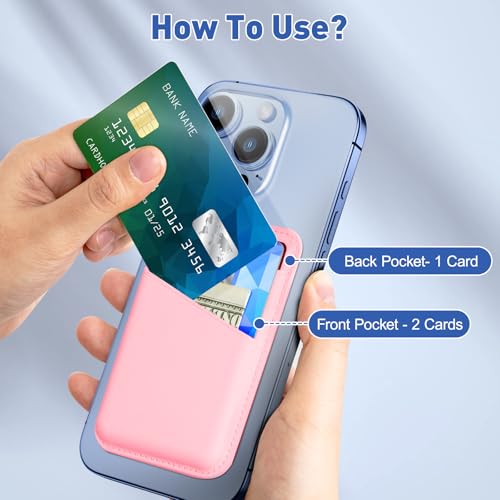 SHANSHUI Magnetic Phone Wallet Compatible with Magsafe, Durble Leather Credit Card Holder for Back of Phone Compatible with iPhone 17/16/15/14/13/12 Series - color: Pink