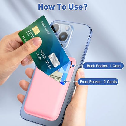 SHANSHUI Magnetic Phone Wallet Compatible with Magsafe, Durble Leather Credit Card Holder for Back of Phone Compatible with iPhone 17/16/15/14/13/12 Series - color: Pink