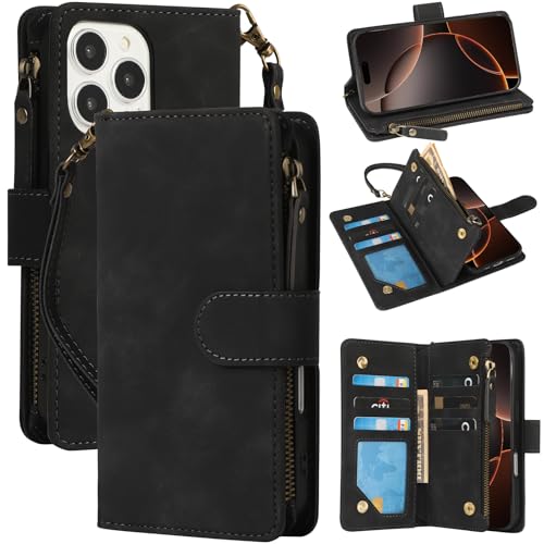RANYOK Compatible with iPhone 16 Pro Max Wallet Case - PU Leather Wallet Case for iPhone 16 Pro Max with Credit Card Holder RFID Blocking Zipper Pocket [Wrist Strap] Protective Case (Black) - color: Black, size: iPhone 16 Pro Max, 6.9"
