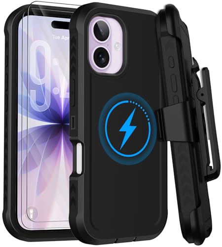 for iPhone 17 Case with Belt Clip Holster,[Compatible with MagSafe] w/Screen Protector,Anti-Drop Shockproof Heavy Duty Protective Rugged Magnetic Phone Cover,with 360°Rotating Kickstand (Black - color: Black