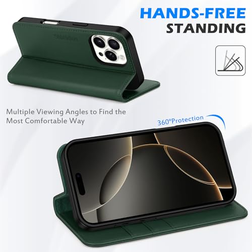 SHIELDON Genuine Leather Wallet Case for iPhone 16 Pro Max 6.9", Evergreen | RFID Blocking, Credit Card Holder, Magnetic Closure, Kickstand, Folio Design, Full Protection, Shockproof Phone Cover - color: Evergreen