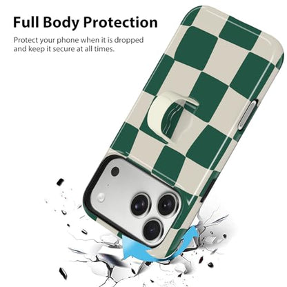KANGHAR Compatible with iPhone 17 Pro Max Case Checkered -Green White | Silicone Cute Pattern, Finger Hold Wristband Kickstand Camera Protection Soft Slim Phone Case for Girls Women - color: (Checkered)Green White, size: iPhone 17 Pro Max