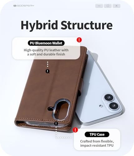 GOOSPERY Bluemoon Folio Wallet Case for iPhone 17, Flip Cover with Card Holder, Kickstand, Magnetic Closure, Shockproof TPU + PU Leather - Brown - color: Brown, size: iPhone 17