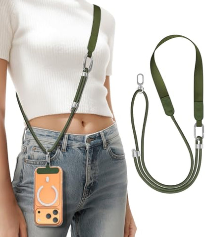 Phone Lanyard Crossbody with Phone Tabs, Adjustable Cellphone Lanyard with Skin-Friendly Neckband and Metal Carabiner - color: Army Green