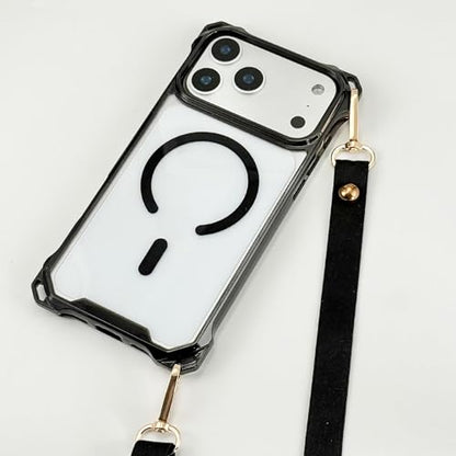 Magnetic for iPhone 17 Pro Crossbody Phone Case,Semi-Black,Clear Magnetic Soft Frame PC Back Shockproof Protective Phone Cover with Adjustable Detachable Lanyard,Compatible with MagSafe - color: Semi-Black, size: iPhone 17 Pro