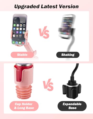 JOYTUTUS Cup Holder Phone Mount for Car, Car Cellphone Large Adapter Long Arm with 360 Degree Rotation, Compatible with iPhone, Samsung & All Smartphones,Pink,1 Pack - color: pink