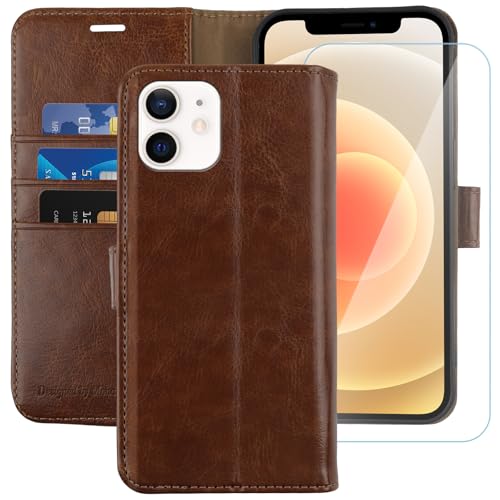 MONASAY Wallet Case Compatible for iPhone 12 mini 5G 5.4-inch,[Glass Screen Protector Included] [RFID Blocking] Flip Folio Leather Cell Phone Cover with Credit Card Holder, Brown - color: Brown