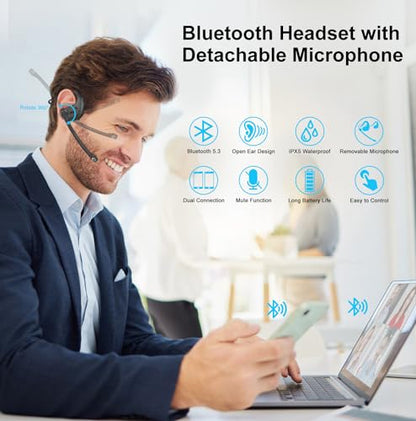 iDIGMALL Bluetooth Headset, Open Ear Headphones with Detachable Microphone