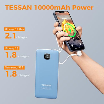 TESSAN Portable Charger with Built in Cables, 10000mAh Power Bank Wall Plug - color: Blue