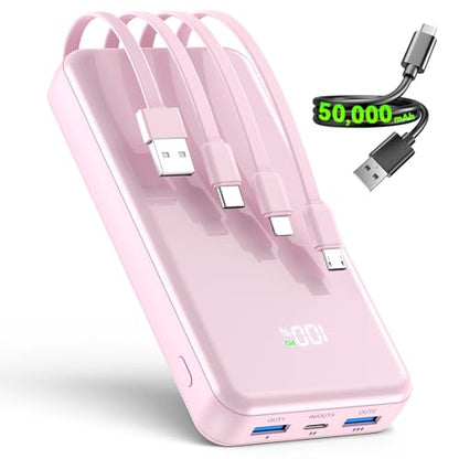 Portable Charger,50000mAh Power Bank Built-in Cable, 22.5W PD USB C In & Out Fast Charging, External Battery Pack with 6 Output & 2 Input, Travel Phone Charger for iPhone 17/16/15/14/13/12(Rosy) - color: Rosy