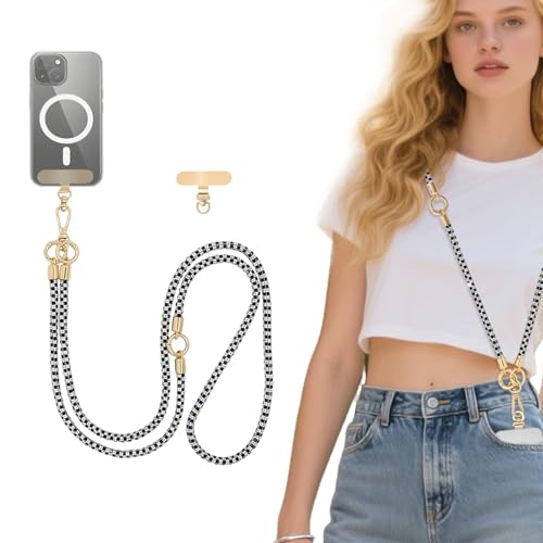 Crystal Phone Lanyard Crossbody Adjustable Rhinestone Anti-Theft Phone Strap Crossbody Cell Phone Neck Strap for Women - color: Black+white