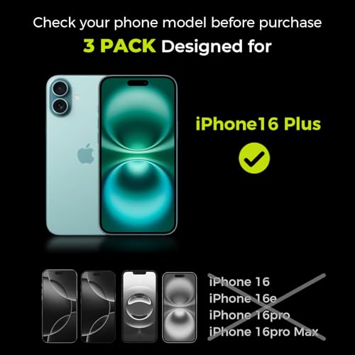3-Pack Screen Protector for iPhone 16 Plus with [Easy Pull] Installation Frame,9H Hardness Tempered Glass,Ultra Resistant, HD Clear, Bubble-Free, Case Friendly[Not for Pro/Pro Max Models] - size: iPhone 16 Plus - 3 Pack