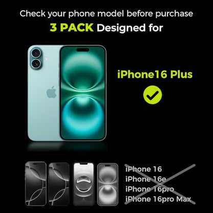 3-Pack Screen Protector for iPhone 16 Plus with [Easy Pull] Installation Frame,9H Hardness Tempered Glass,Ultra Resistant, HD Clear, Bubble-Free, Case Friendly[Not for Pro/Pro Max Models] - size: iPhone 16 Plus - 3 Pack