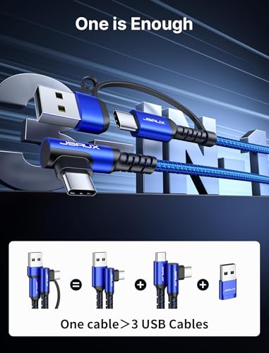 JSAUX 3-in-1 USB C Cable 2-Pack 10FT, 100W Right-Angle Fast Charging, Blue - color: Blue, size: 10FT