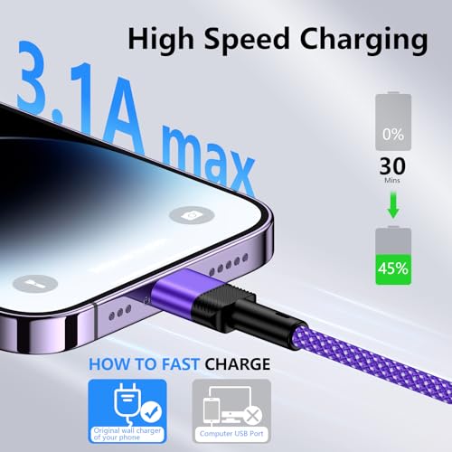 Long USB A to Lightning Cable,Purple iPhone Charger for iPhone 14/14 Pro - color: Purple