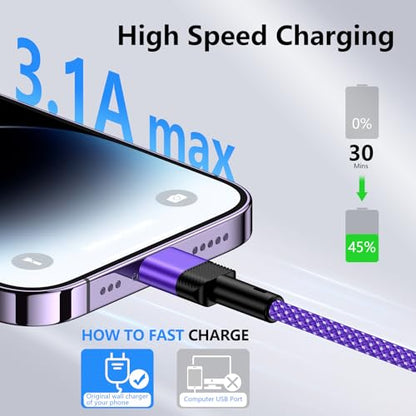Long USB A to Lightning Cable,Purple iPhone Charger for iPhone 14/14 Pro - color: Purple