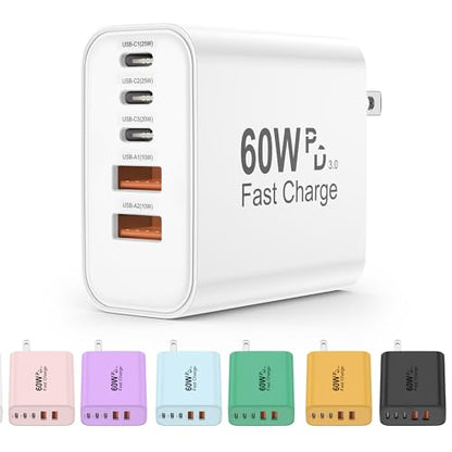 60W USB C Charger Block, Versatile iPhone Charger, White (1 Pack) - color: White
