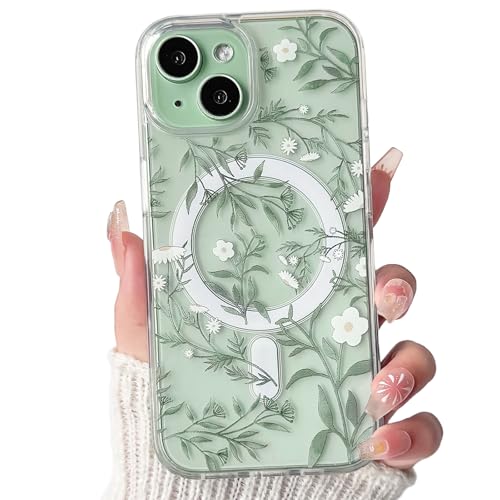 Lovmooful Magnetic for iPhone 14 Plus/15 Plus Case Cute Flower-Green Leaves | Compatible for MagSafe,Clear Floral,with Aesthetic Design,for Girls Women,Soft TPU+PC,Shockproof,Protective,Girly - color: Green Leaves, size: iPhone 14 Plus/15 Plus