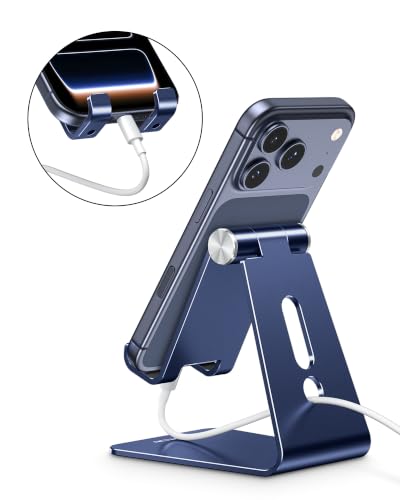 OMOTON C2 Adjustable Cell Phone Stand with Charging Cutout, Navy Blue - color: Navy Blue