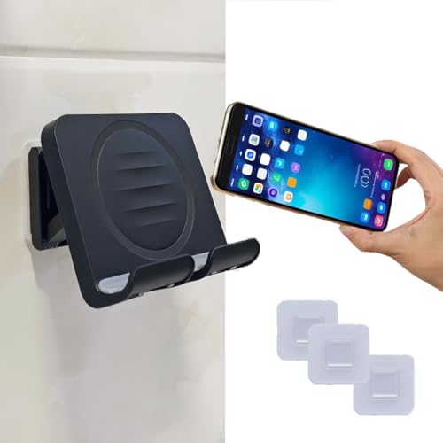 Shower Phone Holder Upgraded, Removable Wall Mounted Hands-Free Cellphone Stand, Angle Adjustable Phone Stand with 3pcs Adhesive Pad for Kitchen Bathroom Dorm Bedroom (Black) - color: black