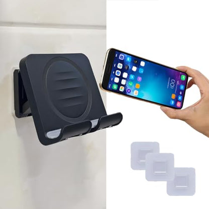 Shower Phone Holder Upgraded, Removable Wall Mounted Hands-Free Cellphone Stand, Angle Adjustable Phone Stand with 3pcs Adhesive Pad for Kitchen Bathroom Dorm Bedroom (Black) - color: black