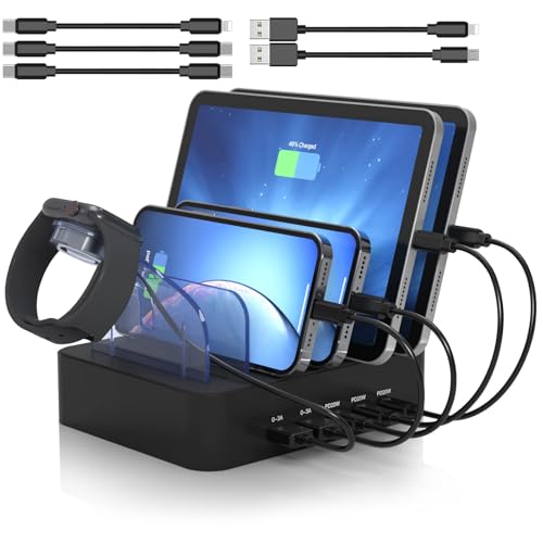 MSTJRY USB C Charging Station for Multiple Devices: 90W 5 Ports Multi Fast Charger for iPhone iPad Tablets Phone - Charging Dock Organizer with Adjustable Dividers for Home Office Classroom