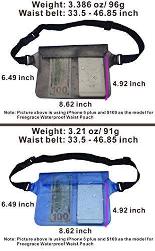 Freegrace Waterproof Pouches with Waist Strap / Pouch Case Bundle Set- Keep Your Phone & Valuables Dry and Safe - Waterproof Dry Bags for Boating Swimming Snorkeling Kayaking Beach Water Parks Pool - color: Gray + Blue