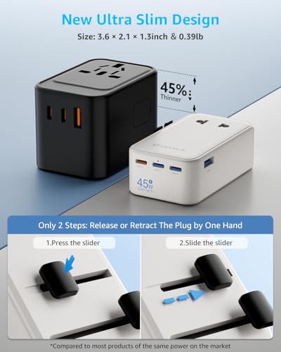 “Air” Universal Travel Adapter 3 USB-C＆ 1 USB-A Cover 200+ Countries - color: White, size: A1R GaN45W