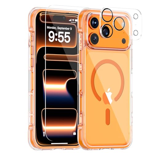 Clear Case for iPhone 17 Pro Max, Compatible with MagSafe, Transparent Anti-Yellowing Back with Orange Bumper & Corner Airbags, Shockproof Drop Protection, Screen & Lens Protector Cover - color: A6-Clear Orange Airbag, size: iPhone 17 pro Max (6.9")