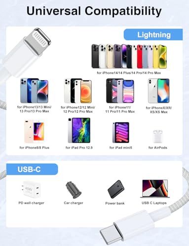 USB C to Lightning Cable Nylon Braided [Apple MFi Certified] - 2Pack 3/6FT - color: White, size: 3ft+6ft