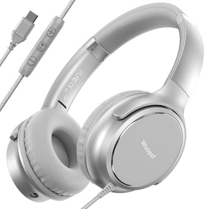 USB C Wired Over-Ear Headphones with Microphone - color: Silver