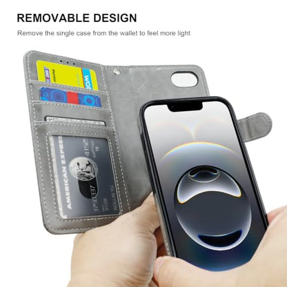 Bocasal Detachable Wallet Case Card Holder for iPhone 17e/16e, Grey | RFID Blocking Kickstand Card Slots Holder PU Leather Magnetic Shockproof Wrist Strap Removable Flip Protective Cover 6.1 inch - color: Gray