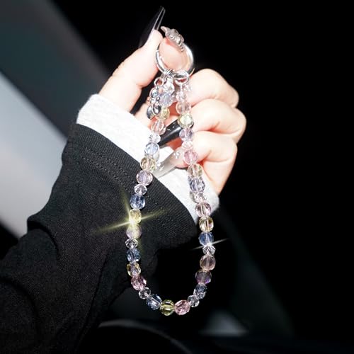 Sparkle Crystal Pearl Phone Wrist Strap for Women, Sparkling Beaded Cellphone Lanyard Chain - color: Pink+blue
