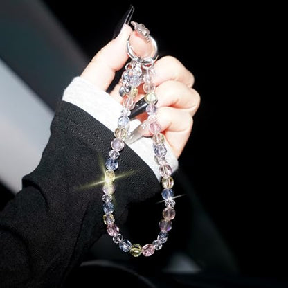 Sparkle Crystal Pearl Phone Wrist Strap for Women, Sparkling Beaded Cellphone Lanyard Chain - color: Pink+blue