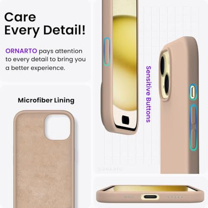ORNARTO Compatible with iPhone 15 Case 6.1, Slim Liquid Silicone 3 Layers Full Covered Soft Gel Rubber Phone Case, Anti-Scratch Shockproof Protective Cover 6.1 Inch, Khaki Nude - color: Khaki Nude