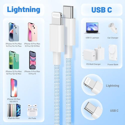 20W Lightning Cable to USB C, [Apple MFi Certified] Braided Fast Cable - color: Blue, size: 20W-6FT+10FT