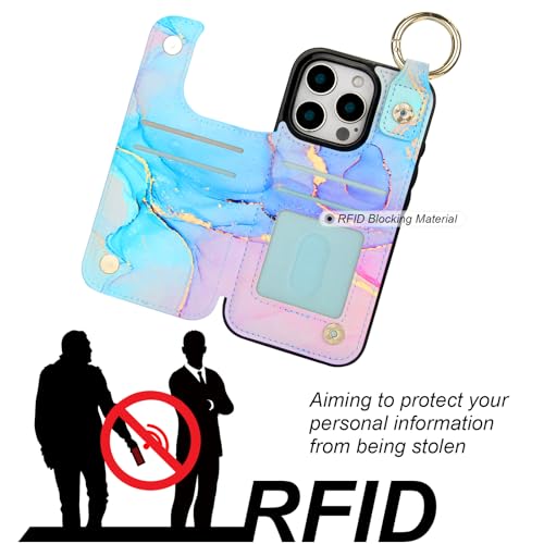 HAOPINSH for iPhone 16 Pro Wallet Case with Card Holder, Pink Blue Marble Print Back Flip Folio PU Leather Kickstand Card Slots Case, Finger Grip Ring Double Magnetic Clasp Shockproof 6.3" - color: Pink Blue Marble Grip Ring