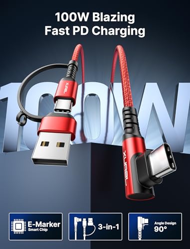 JSAUX 3-in-1 USB C Cable 2-Pack 10FT, 100W Right-Angle Fast Charging, Red - color: Red, size: 10FT